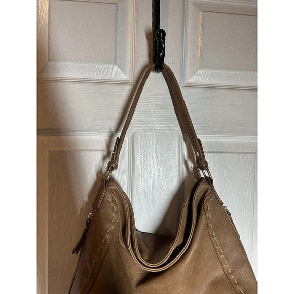 Sasha+Sofi Distressed Hobo Purse Vegan Leather in Tobacco With Stitching Detail - Picture 4 of 12